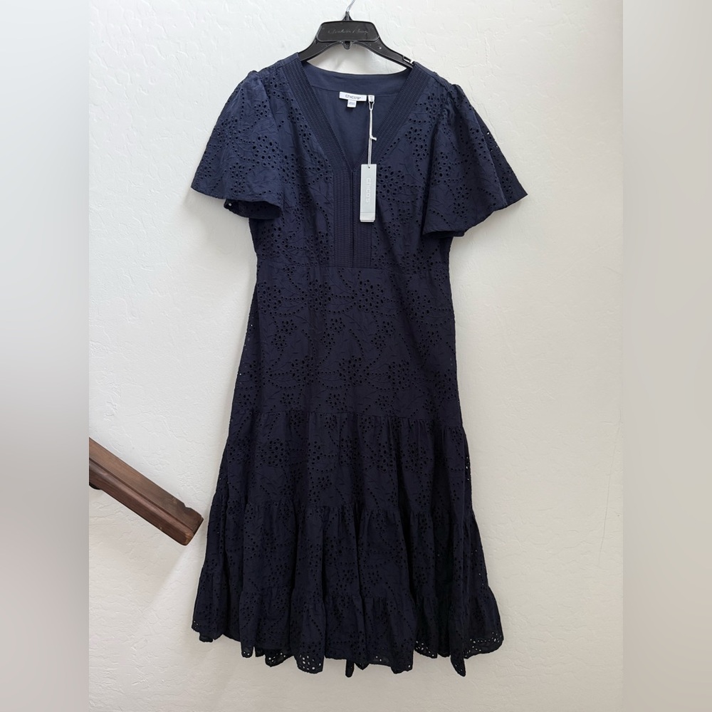 Chicos Navy Eyelet Midi Dress with Flutter Sleeves